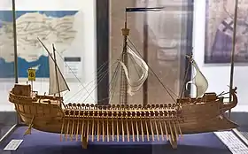 Model of a Byzantine warship (dromon) at Athens War Museum on 12 April 2019