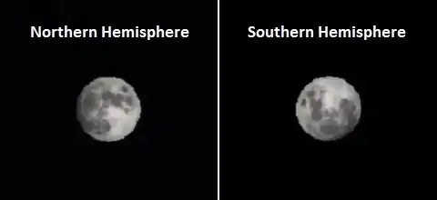 Apparence modélisée pour la même longitude 30 minutes après le lever de la lune dans les deux hémisphères terrestres.