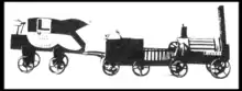 Dessin sur papier d'un modèle réduit présentant, de gauche à droite, une voiture pour voyageurs ressemblant à une diligence ; un tender relié à la locomotive avec un garde-fou et une locomotive avec une roue porteuse et une roue motrice, au dessus de laquelle est une haute cheminée.