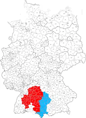 Les limites actuelles de la Souabe en Allemagne : en rouge, le Wurtemberg ; en bleu, le district de Souabe en Bavière.