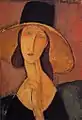 Peinture en buste d'une femme sous un grand chapeau, le menton sur deux doigts