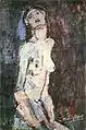 Peinture en plan américain d'une femme nue squelettique, tête relevée et bouche ouverte