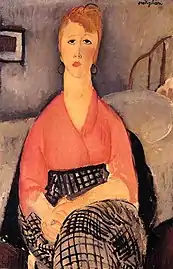 Peinture d'une femme assise genoux croisés devant un lit, en corsage rose et jupe à carreaux noirs et blancs
