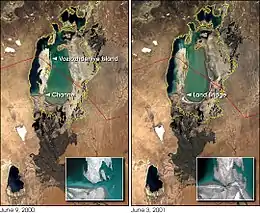 Évolution de l'île en péninsule, entre 2000 et 2001