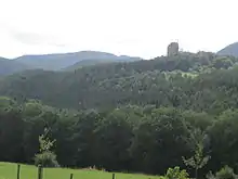 Paysage typique des Vosges du Nord : ruines du château de Fleckenstein et, à l'horizon, sommet du Mohnenberg (547 m).