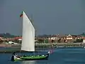 Moliceiro naviguant à la voile dans la lagune d'Aveiro avec des touristes à son bord.