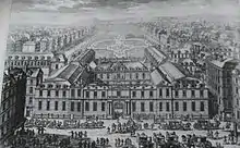 Gravure représentant au premier plan un palais et au second, un jardin.
