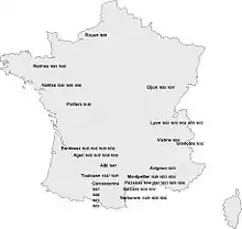 Carte de France où sont identifiés les divers lieux où a séjourné la troupe de Molière