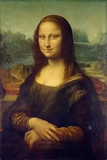 Portrait peint d'une femme en buste, les bras croisés, portant une robe et les cheveux longs, sur un fond de paysage vallonné.