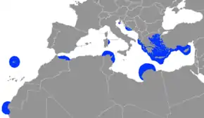 Distribution du phoque moine de Méditerranée Monachus monachus