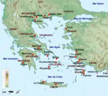 Les principaux sites archéologiques autour de la mer Égée durant la période mycénienne.