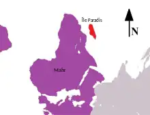 Carte représentant le territoire du manga, avec l'île Paradis en rouge et l'empire Mahr en violet.