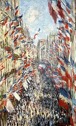 Peinture montrant une scène de rue vue du haut d'un balcon, avec une foule défilant sous les drapeaux français agités aux fenêtres.