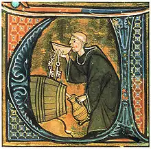 Cellérier en train de goûter le vinLivre de Santé d'Aldebrandino de Sienne, XIVe siècle