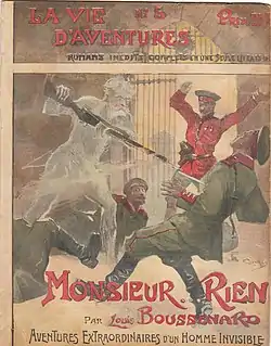 Illustration en couleurs représentant un homme semi-transparent qui attaque des soldats avec une baïonnette.