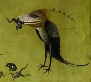 Gros plan sur un monstre à corps d'oiseau et tête monstrueuse portant d'énormes dents en train d'avaler une grenouille.