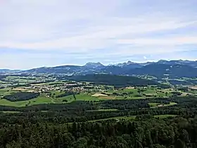 Vue du mont Vuarat, au centre de l'image depuis la tour relais du Mont Pèlerin.