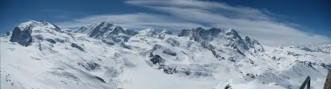 Panorama (de gauche à droite) sur les neuf pics du mont Rose, le Liskamm, Castor, son jumeau Pollux, le Breithorn (à droite de la chaîne de falaises) et le Petit Cervin.