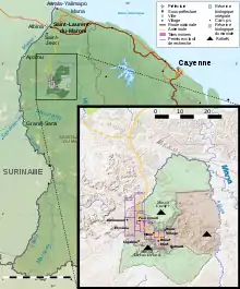 carte complète de la Guyane en vert et avec un carré en bas à droite représentant un zoom en beige et les secteurs concernés en vert pâle.