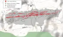 Carte de la zone d'exploitation sur laquelle figure le projet de fosse d'exploitation en gris contenant le filon d'or en rouge, ainsi que la réserve biologique en vert en bas de la carte