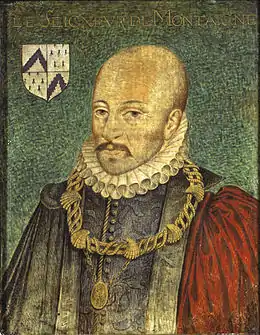 Photographie en couleurs d'un portrait de Montaigne : richement habillé, celui-ci se distingue sur un fond bleu-vert. Le blason de Montaigne orne le coin supérieur gauche du tableau.