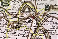 Extrait d'une carte ancienne en couleurs avec délimitation d'un territoire communal.