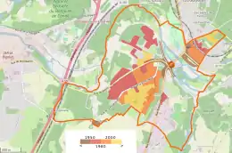 Carte représentant par un jeu de couleurs les zones d'un territoire selon les dates d'urbanisation.