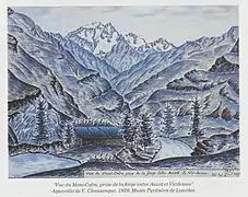 Vue du Mont-Calm, prise de la forge entre Auzat et Vicdessos (dessin aquarellé de Vincent de Chausenque, 1829, Musée de Lourdes).