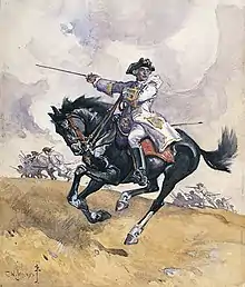 Montcalm à la tête de ses troupes sur les plaines d'Abraham.Aquarelle de Charles William Jefferys.