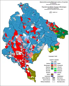 Répartition de la population du Monténégro selon la déclaration de langue maternelle au recensement de 2011.