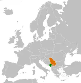 Localisation de la Serbie (orange), Kososvo (orange clair) et Monténégro (vert).
