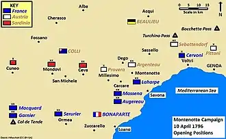 Schéma montrant le théâtre des opérations en Italie entre les armées françaises et austro-sardes en 1796, avec indication des localités remarquables et de la position des différents corps. En bas à droite, la mer Méditerranée.