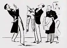 Caricature représentant Montesquoi qui s'exclame devant des caleçons. À droite, Charvet tient un gilet.