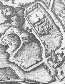 Gibet de Montfaucon vers 1609, avec l'église Saint-Laurent et l'ancienne maison de Pestiférés, transformée en l'hôpital Saint-Louis.