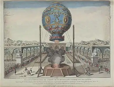 Gravure du jardin de la folie, lors du décollage de la première montgolfière.