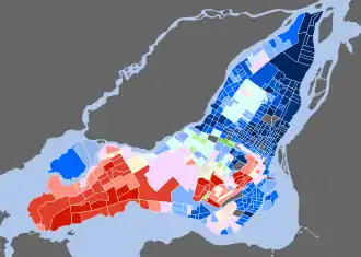 Carte de l'île de Montréal indiquant la langue maternelle selon les secteurs.