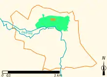 Vue d'une carte représentant par des lignes de couleur l'évolution de l'entendue du territoire d'une commune.