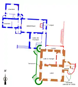 Plan d'un édifice indiquant, par des couleurs différentes, les phases de sa construction.