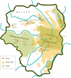 Carte des monts et plateaux du Limousin.