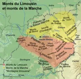 Carte des monts du Limousin et des monts de la Marche