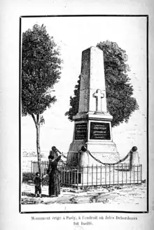 Illustration du premier monument de Debordeaux à Pasly, tirée du livre Les Trois Instituteurs de l'Aisne de Jean Zeller, 1886.
