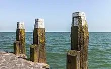 Trois poutres jaillissent du bord d'un quai. Leur bout dans le ciel est souligné de blanc. Derrière, la mer.