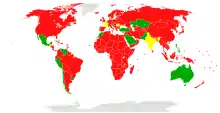 Carte du monde. La majorité des pays sont colorés en rouge.