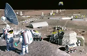 Image de synthèse présentant au premier plan deux astronautes en scaphandre, et un ensemble d'infrastructures à l'arrière-plan.