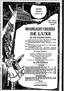 une affiche en noir et blanc annonce un voyage en bateau et les soirées dansantes à bord, un dessin représente un couple de blancs en habits de soirée en train de danser au bord d'une scène où jouent des musiciens noirs.