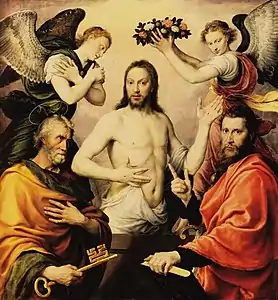 Jésus-Christ ressuscité entouré de saint Pierre, saint Paul et deux anges, huile sur toile, Anthonis Mor (1564).