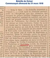 Article de journal mentionnant le reprise du village par les allemands le 31 mars 1918.