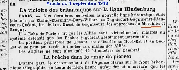 Artcicle de journal mentionnnant la libération du village le 4 septembre 1918.