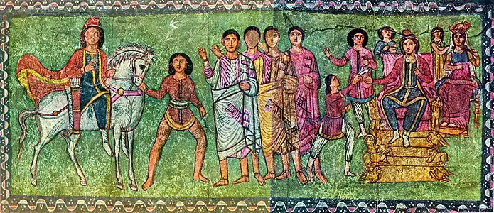 Esther et Mardochée, 245 ap. J-Cfresque de la synagogue Dura-Europos, Syrietransportée au musée de Damas