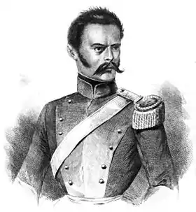 Dessin en noir et blanc d'un homme avec une moustache dans des habits de lieutenant